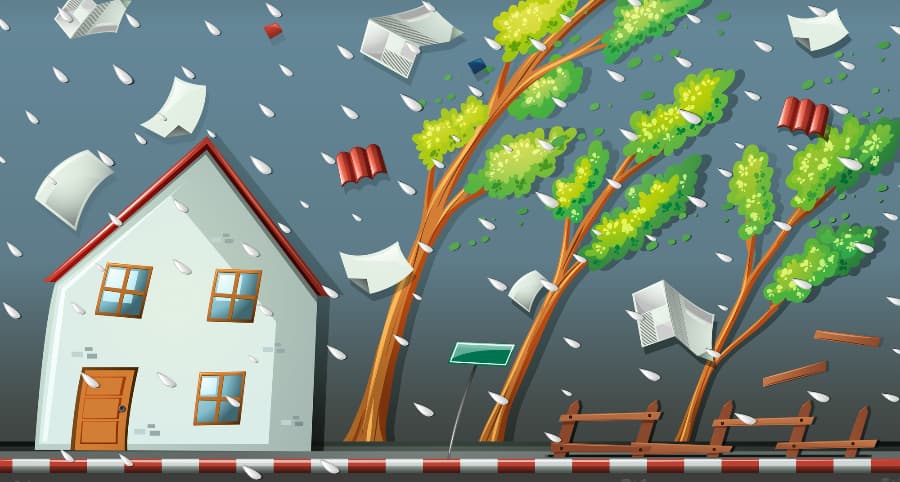 Representation of a storm affecting a residence and the surrounding environs