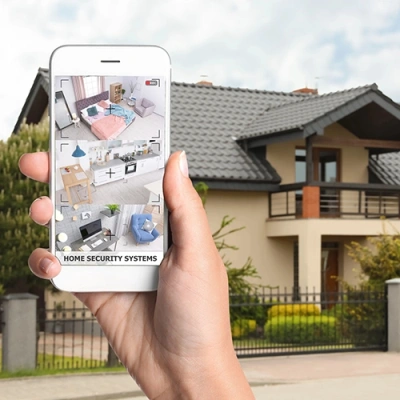 Fort Wayne vivint phone display of cctv live feed in front of a house